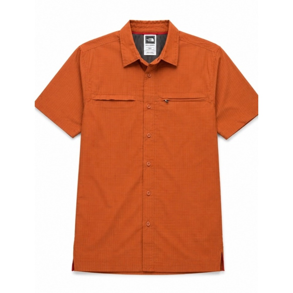 The North Face Mens Small Burnt Orange Grid Short Sleeve Hiking Button Up Shirt